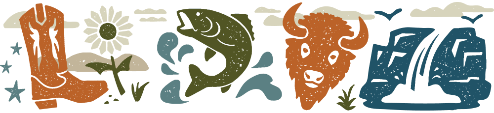 Graphic of cowboy boot, sunflower, fish, buffalo head, and water falls