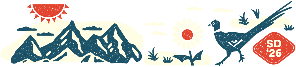 Graphic of the Badlands, a sunflower and a pheasant