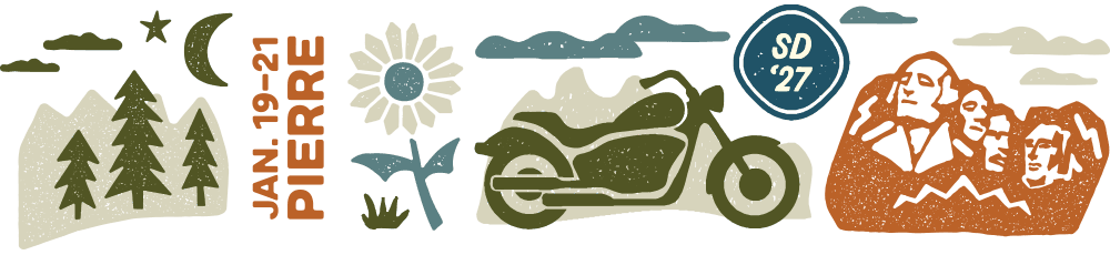 Graphic of stylized evergreen trees, a sunflower, a motorcycle, Mount Rushmore and Jan. 19-21 Pierre.