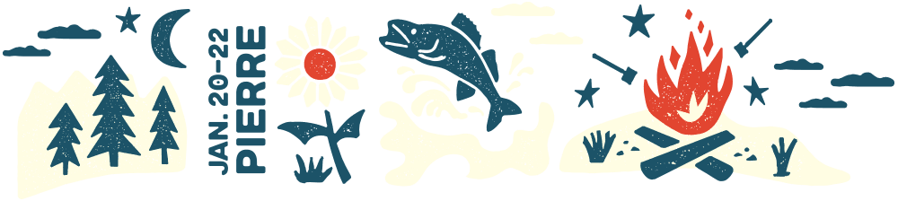 Graphic of evergreen trees, a sunflower, a fish and a campfire