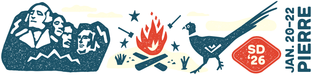 Graphic of Mount Rushmore, campfire and pheasant
